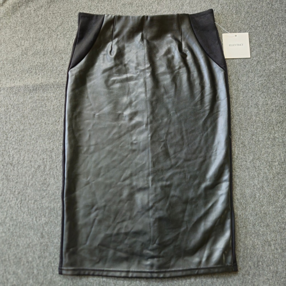 New! Dark Academia Faux Black Leather Skirt XS Midi Elastic Waist Office Siren